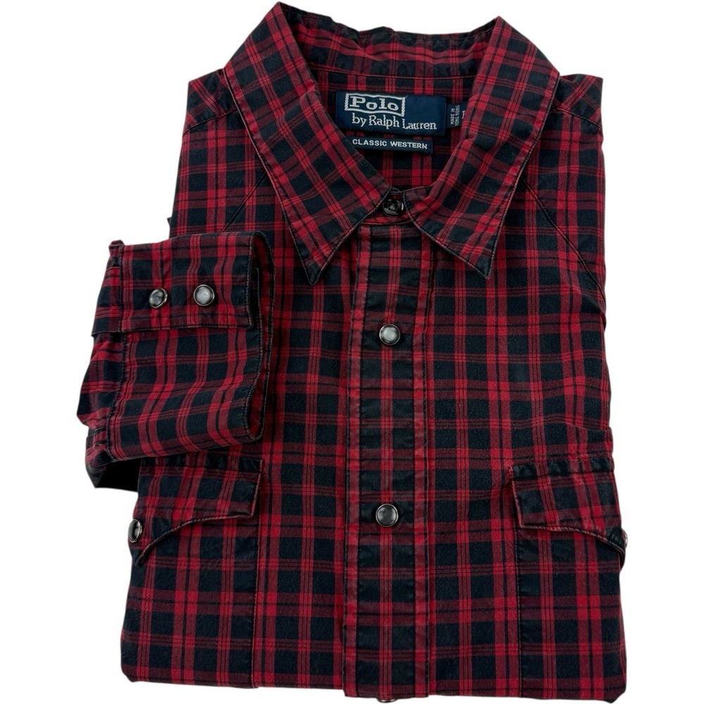 Polo Ralph Lauren Red Black Check Western Pearl‎ Snap Shirt Cotton Men's Large